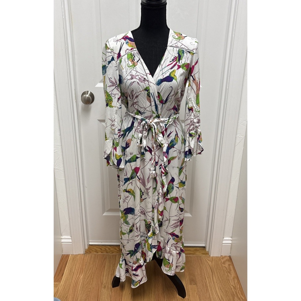 Anthropologie Aiden Wrap Dress Style Vibrant Bird & Botanical Robe - Size Small